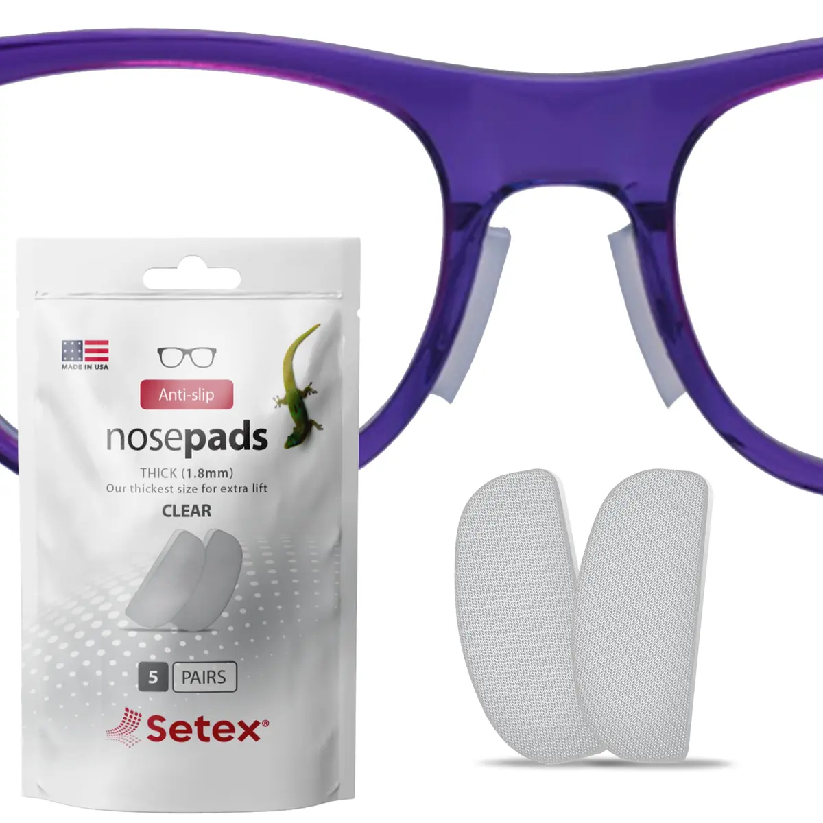 Setex Gecko Grip Thick 1.8mm Anti Slip Nose Pads for Glasses, 5 Pairs (10 Pads), Clear | Gecko-Inspired Microfiber Technology - main product image