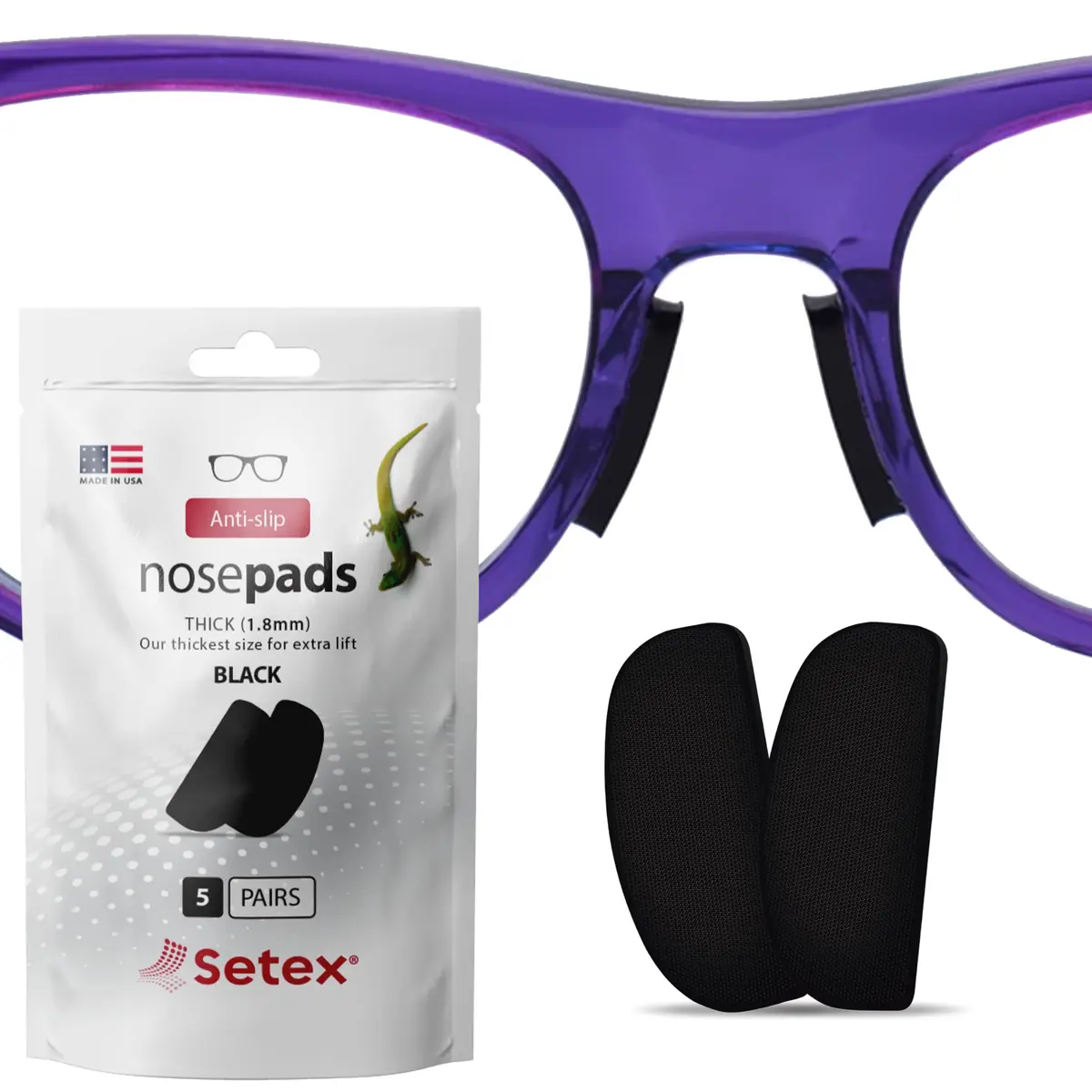 Setex Gecko Grip Thick 1.8mm Anti Slip Nose Pads for Glasses, 5 Pair Black | Secure Grip for Sweaty & Oily Skin - main product image