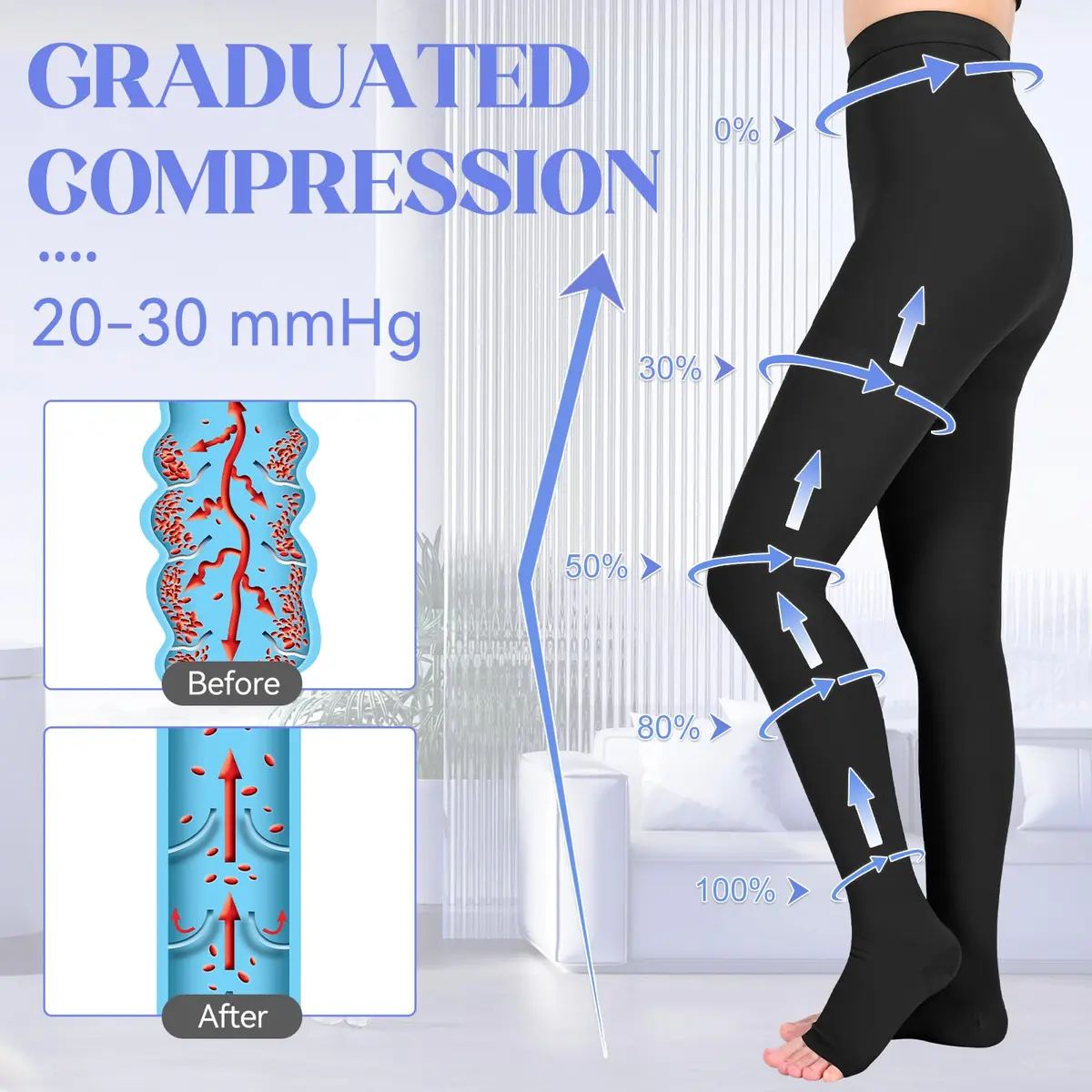 Athbavib Medical Open Toe Compression Pantyhose 20-30mmHg | Circulation & Varicose Relief for Women & Men - view 3
