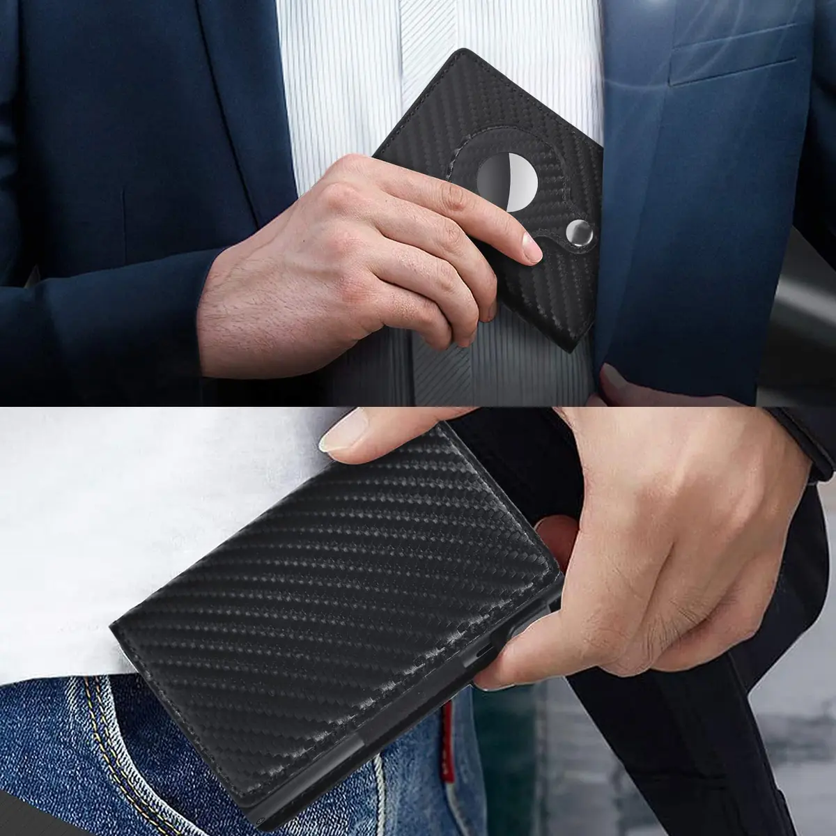 Fermido Wallet with Air Tag Holder RFID Credit Card Money Holder Slim Leather Accessory for Men (Black Carbon Fiber) - view 5