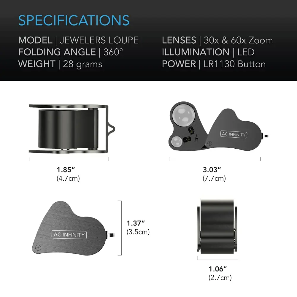 AC Infinity Illuminated Jewelers Loupe, Pocket Magnifying Glass 30x 60x | Dual Lens with LED Light - view 5