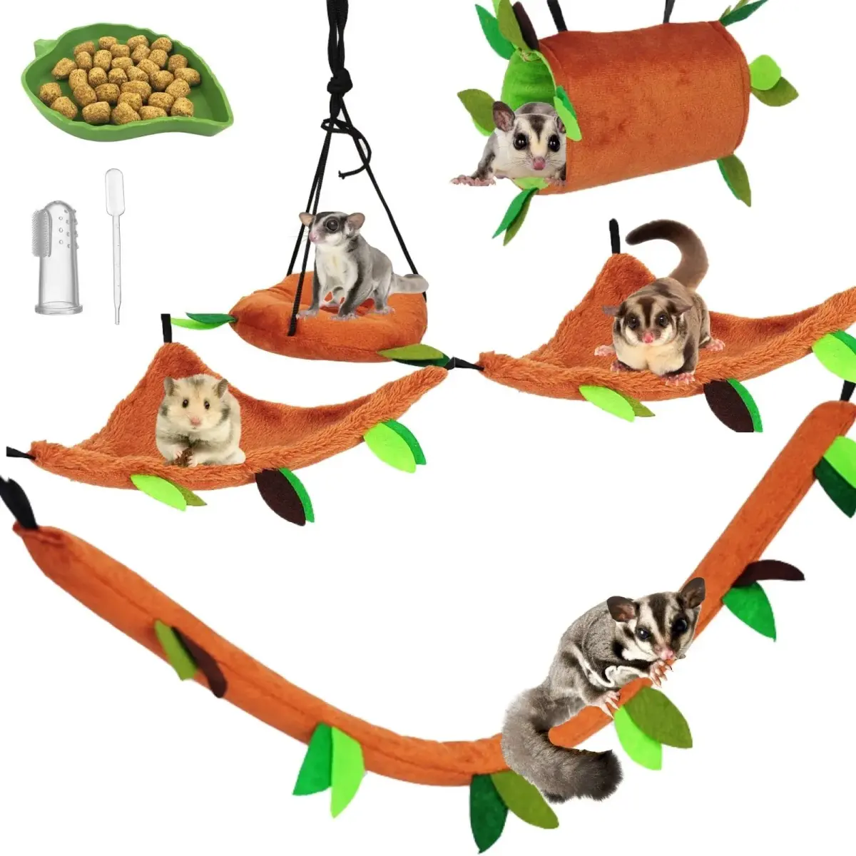 Fabmode 5Pcs Small Animal Hammock Set with Accessories | 26.9 cm (10.7 in) Hanging Cage Hideout - main product image