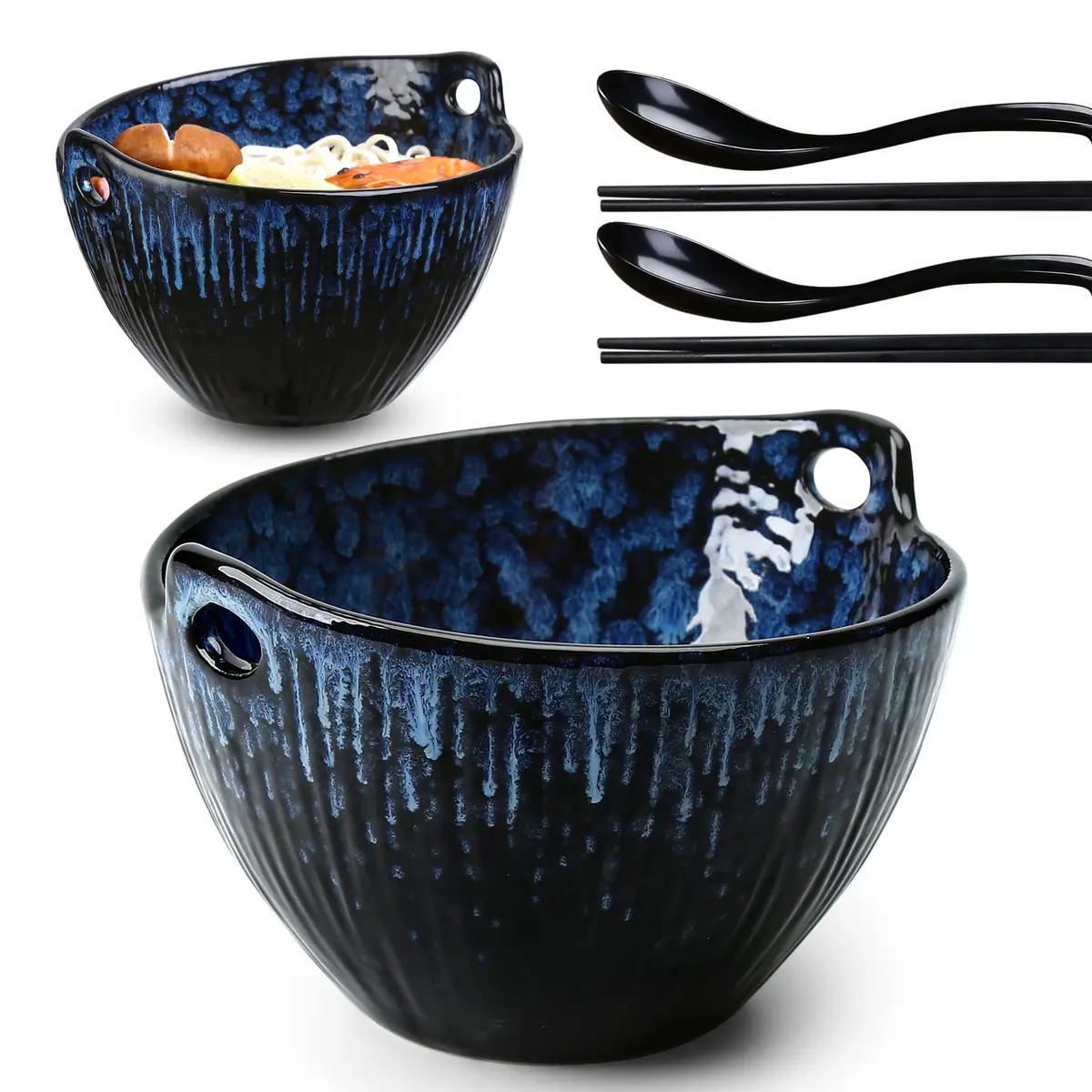 JH JIEMEI HOME Ramen Bowl with Chopsticks & Spoons, 7 Inch Ceramic Set of 2 | Reactive Glazed Navy Donburi Bowls - main product image