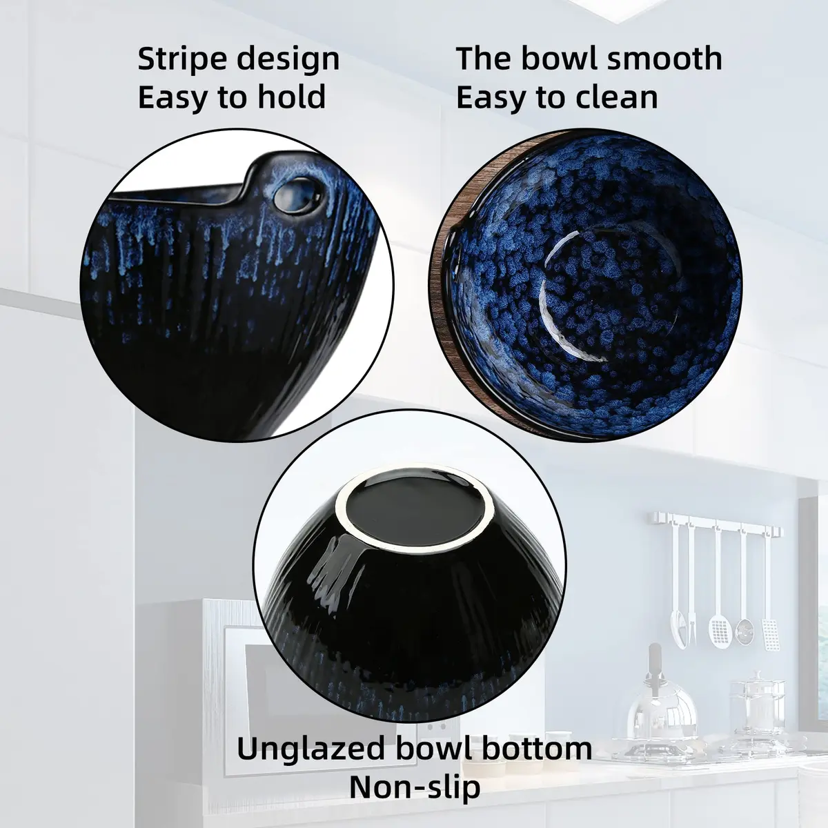 JH JIEMEI HOME Ramen Bowl with Chopsticks & Spoons, 7 Inch Ceramic Set of 2 | Reactive Glazed Navy Donburi Bowls - view 5