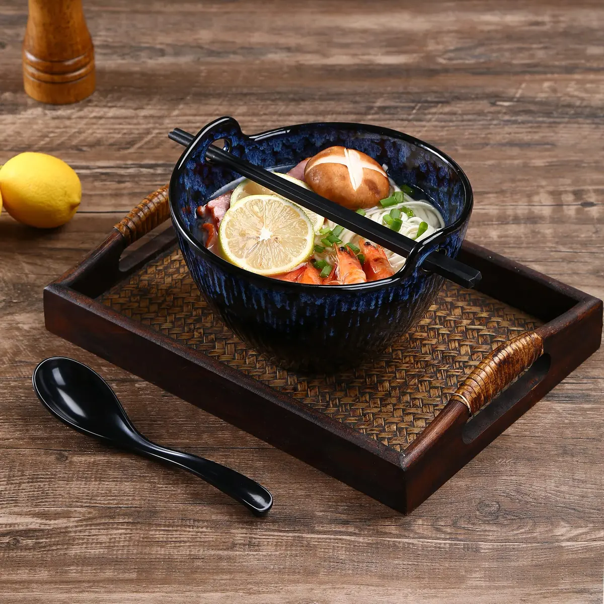 JH JIEMEI HOME Ramen Bowl with Chopsticks & Spoons, 7 Inch Ceramic Set of 2 | Reactive Glazed Navy Donburi Bowls - view 6