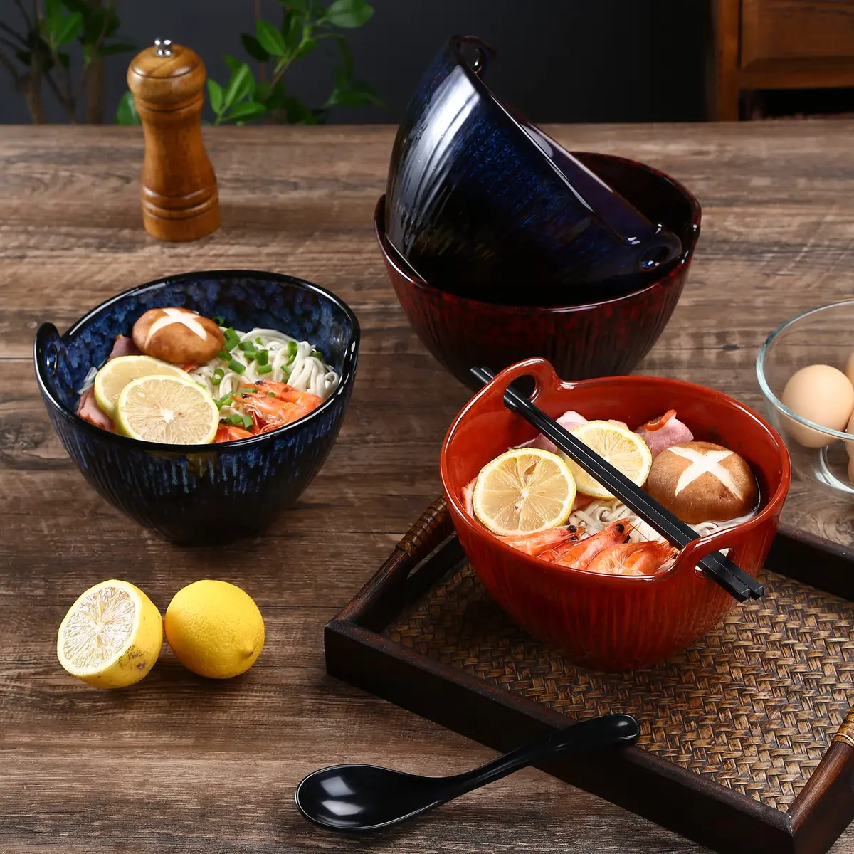 JH JIEMEI HOME Ramen Bowl with Chopsticks & Spoons, 7 Inch Ceramic Set of 2 | Reactive Glazed Navy Donburi Bowls - view 7