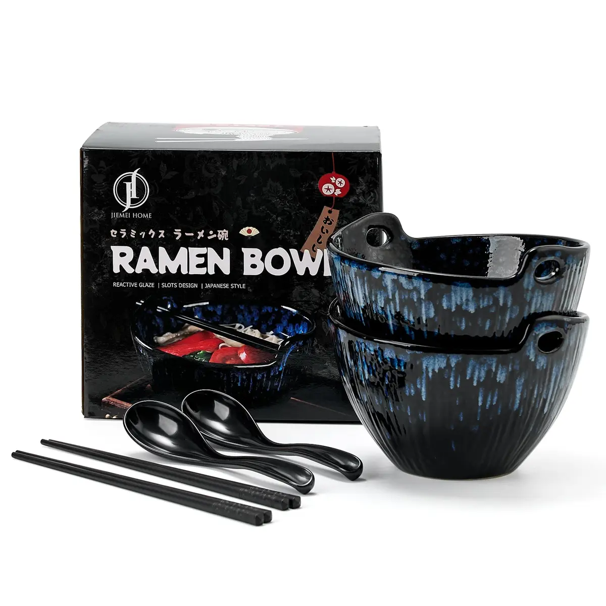 JH JIEMEI HOME Ramen Bowl with Chopsticks & Spoons, 7 Inch Ceramic Set of 2 | Reactive Glazed Navy Donburi Bowls - view 9