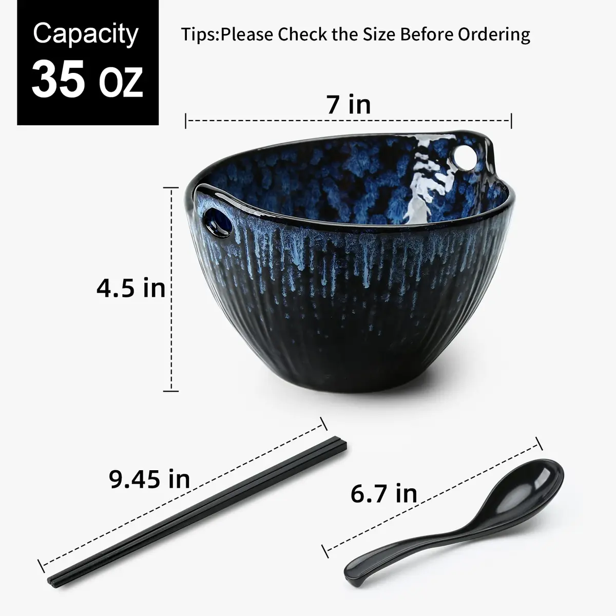 JH JIEMEI HOME Ramen Bowl with Chopsticks & Spoons, 7 Inch Ceramic Set of 2 | Reactive Glazed Navy Donburi Bowls - view 2