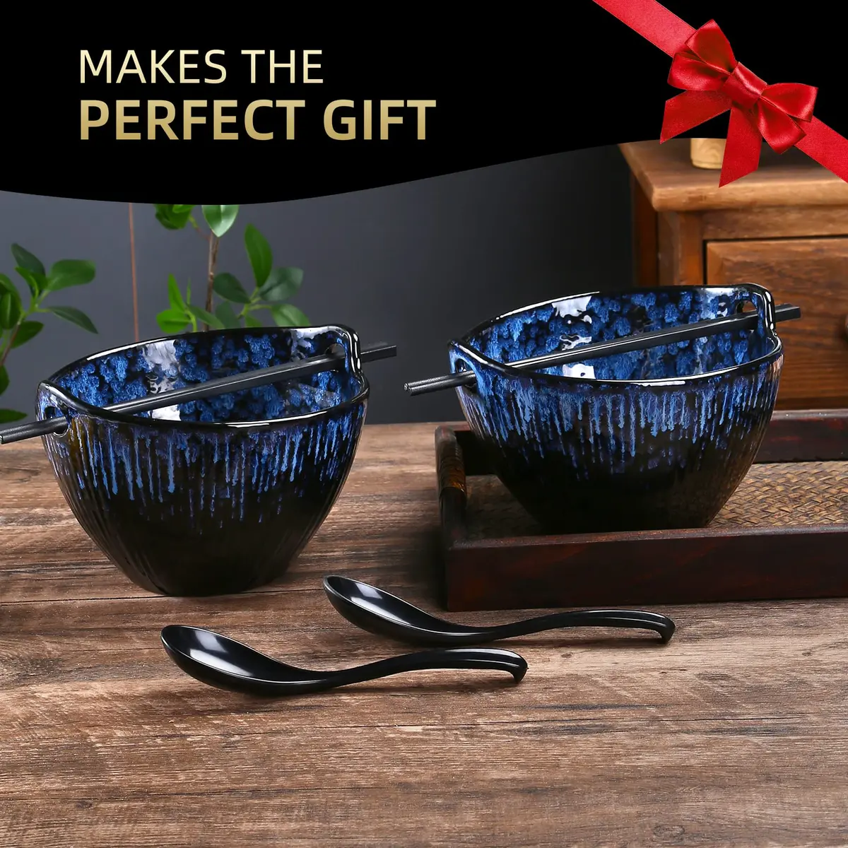 JH JIEMEI HOME Ramen Bowl with Chopsticks & Spoons, 7 Inch Ceramic Set of 2 | Reactive Glazed Navy Donburi Bowls - view 3