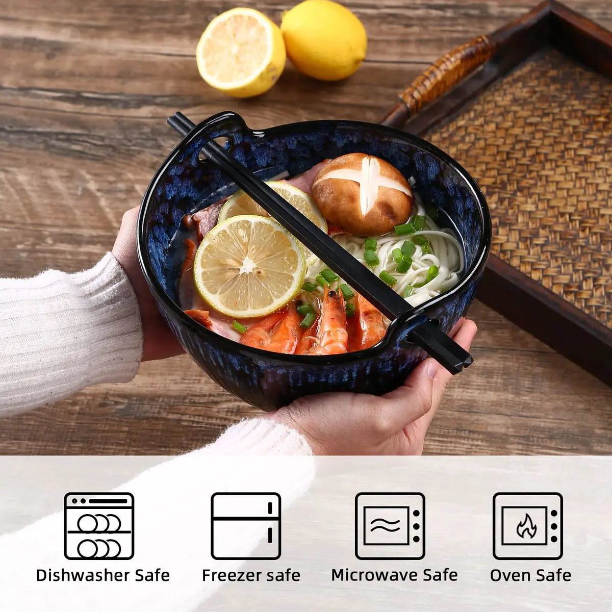 JH JIEMEI HOME Ramen Bowl with Chopsticks & Spoons, 7 Inch Ceramic Set of 2 | Reactive Glazed Navy Donburi Bowls - view 4