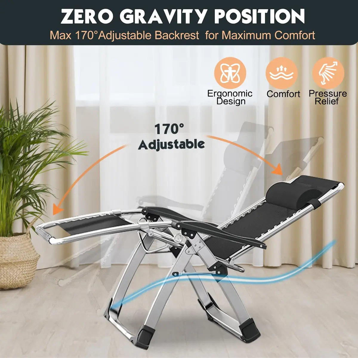 MOPHOTO Zero Gravity Chair, Outdoor Padded Lounge Chair with Side Table, Supports up to 200kg (440lbs) | Ergonomic & Durable - view 5
