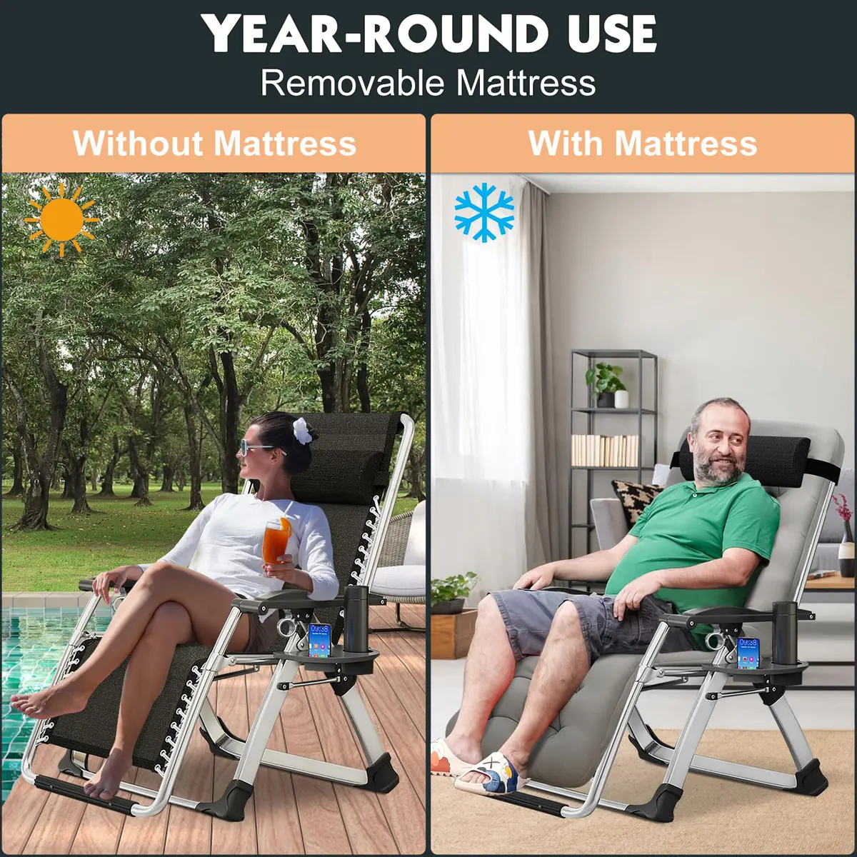 MOPHOTO Zero Gravity Chair, Outdoor Padded Lounge Chair with Side Table, Supports up to 200kg (440lbs) | Ergonomic & Durable - view 3