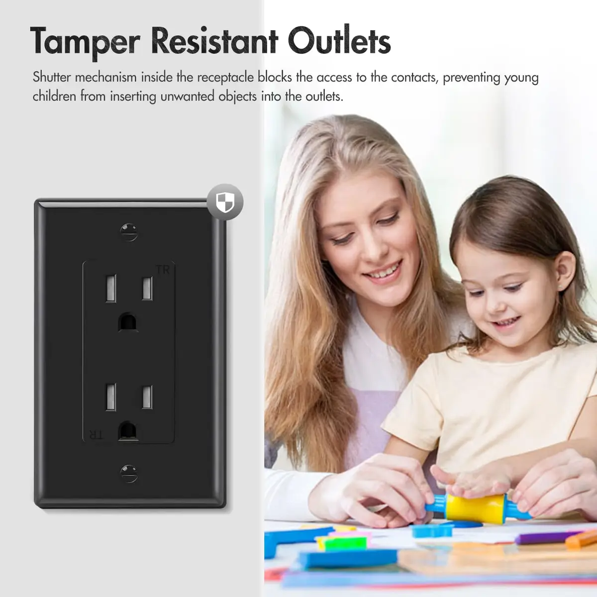 micmi Decorator Receptacle Outlet 15A | Tamper Resistant Grounded UL Listed (10Pack, Black) - view 5