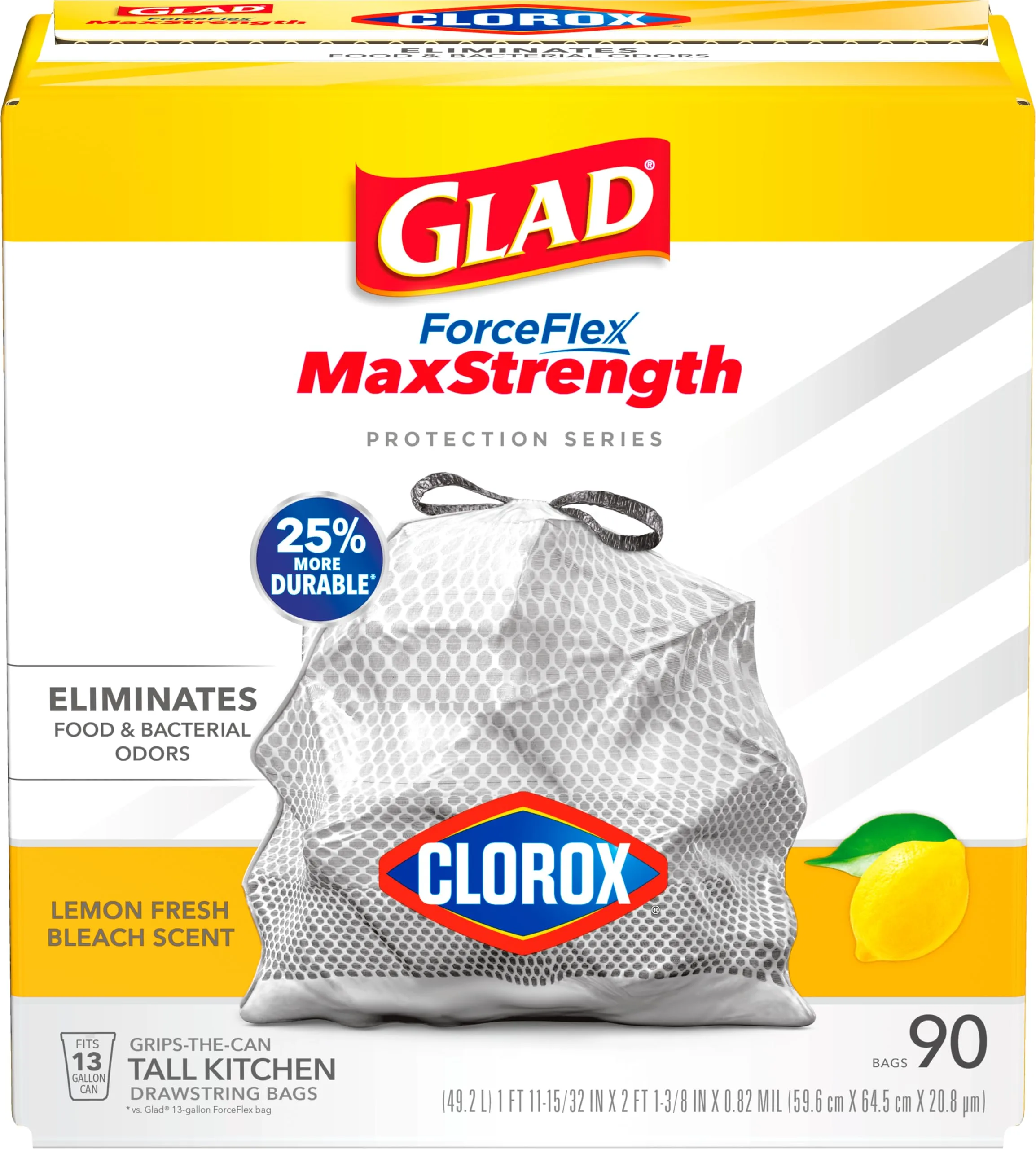 Glad ForceFlex MaxStrength Tall Kitchen Trash Bags 90 Count Lemon Fresh Bleach | USA Import with Clorox - main product image