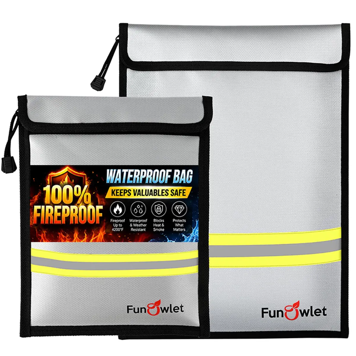 FunOwlet Fireproof Waterproof Money Document Bag 2 Pack | Fire & Water Resistant Organizer for A4 A5 - main product image