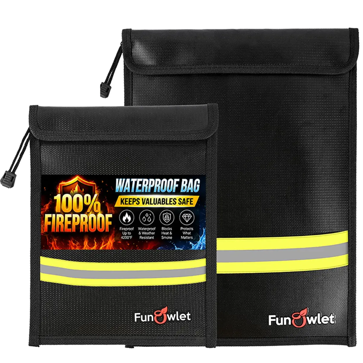 FunOwlet Fireproof Waterproof Money Document Bag 2 Pack | Fire & Water Resistant Organizer (15 x 11 & 10 x 7.8 inches) - main product image