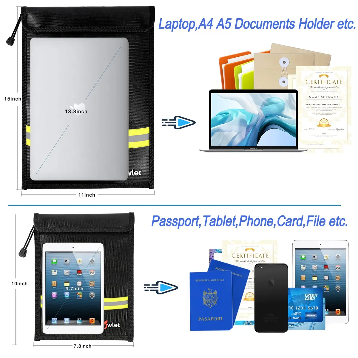 FunOwlet Fireproof Waterproof Money Document Bag 2 Pack | Fire & Water Resistant Organizer (15 x 11 & 10 x 7.8 inches) - view 2