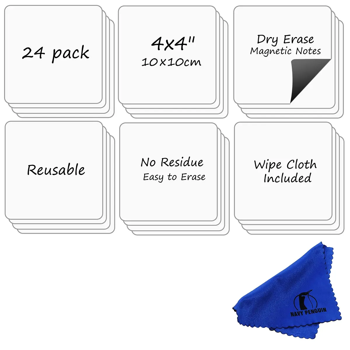 Navy Penguin Dry Erase Magnets 24 Pack 4x4 in | Reusable Magnetic Notes for Whiteboard & Fridge - main product image