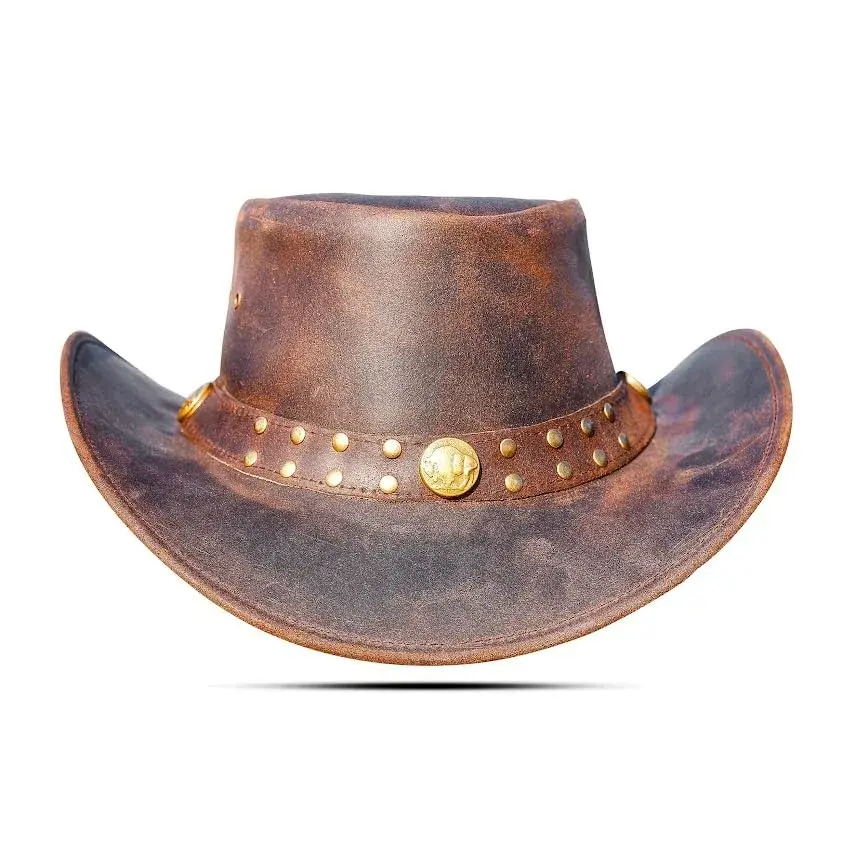 HADZAM Leather Cowboy Hat - Dark Brown, Large | Vintage Western Outback Style - view 3