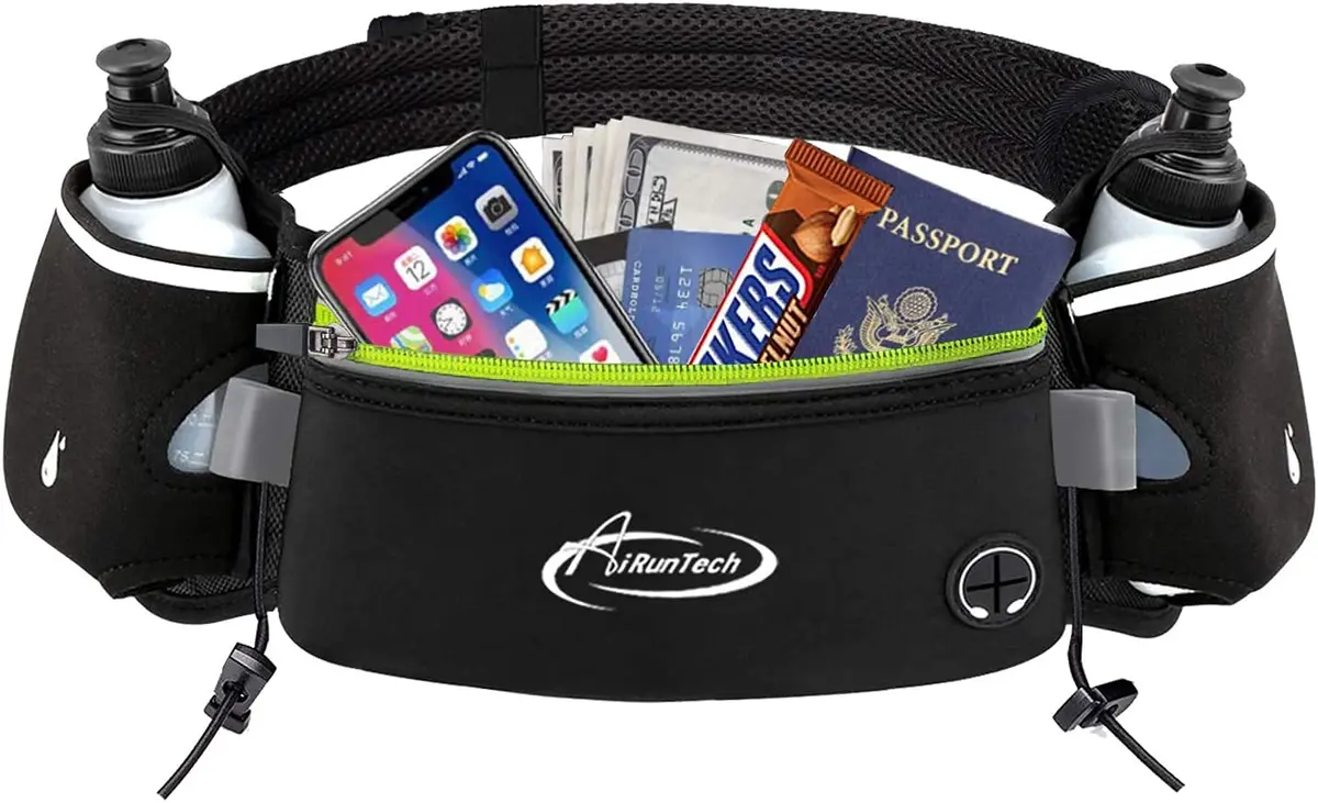 AiRunTech Hydration Running Belt with Bottles 2x10oz | Anti-Slip, Fully Adjustable, Reflective for Most Smartphones - main product image