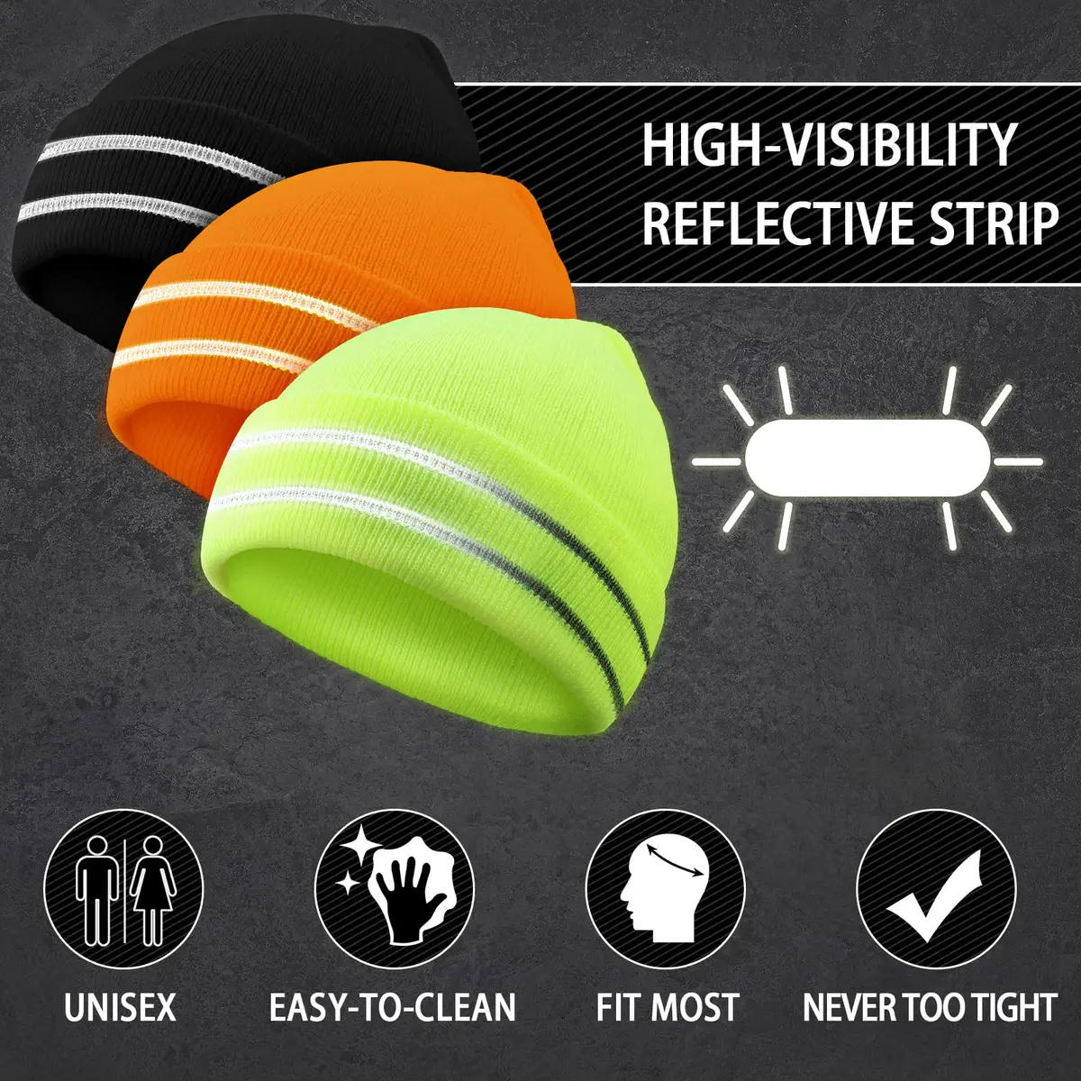 JenPen Reflective Beanie Safety Hat High Visibility Yellow, Orange, Black | Winter Knit Cap for Night Running & Cycling - view 2