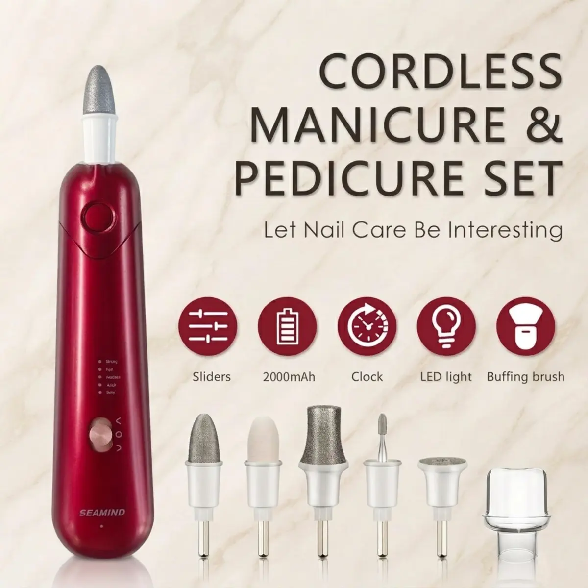 SEAMIND 5-in-1 Electric Nail File Kit, Cordless Manicure Pedicure Set, Red | 2900-4200 RPM - view 2