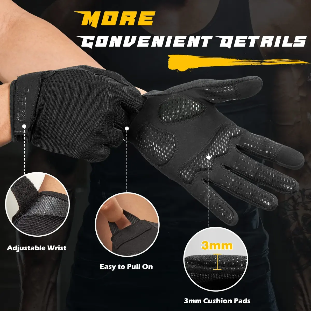 FREETOO Full-Finger Workout Gloves for Men, Padded Gym Gloves with Grip, Black, X-Large | Breathable & Stretchable - view 2