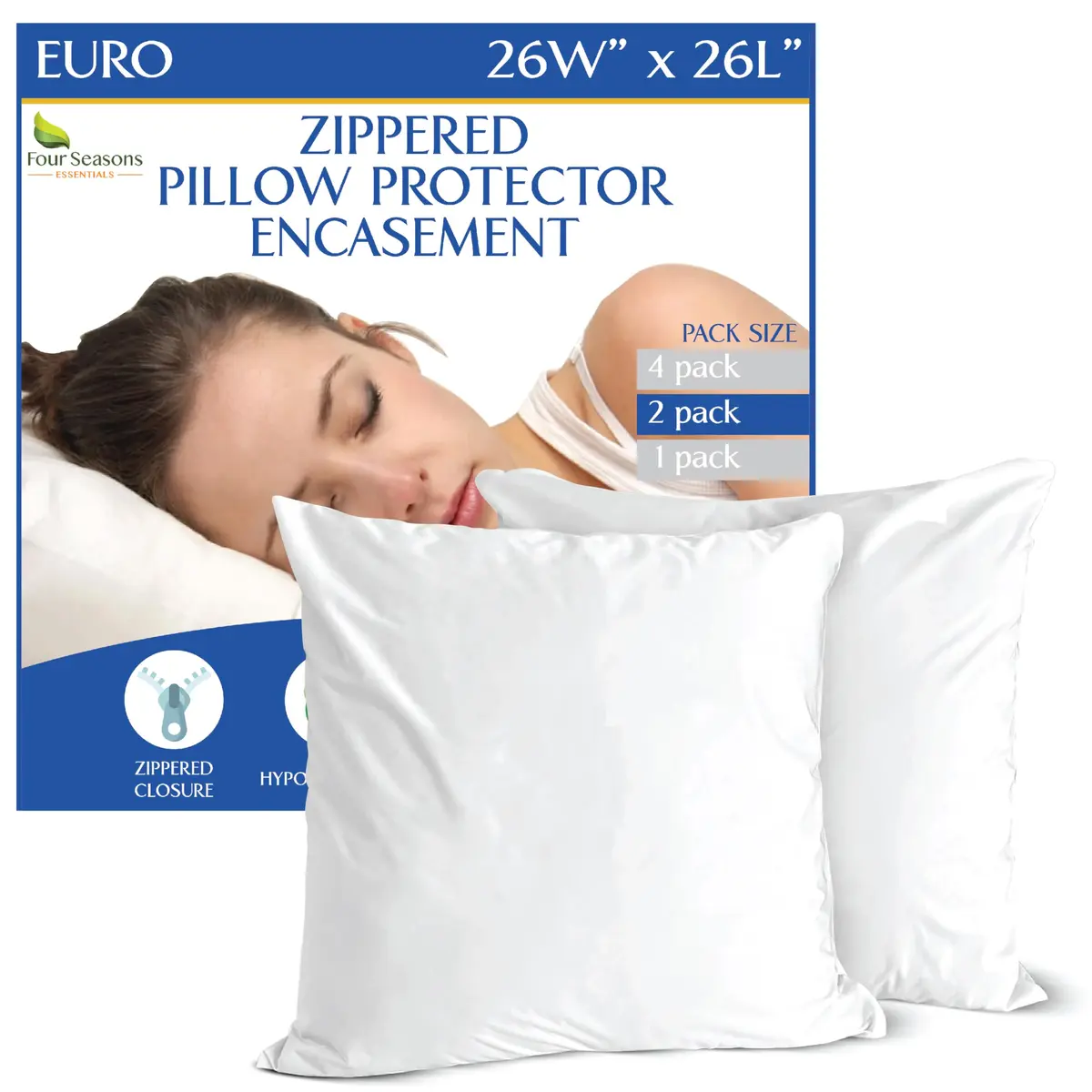 Four Seasons Essentials Euro Size Pillow Protectors (Set of 2) 66x66 cm (26x26 Inch) | Waterproof Hypoallergenic Zippered Encasement - main product image