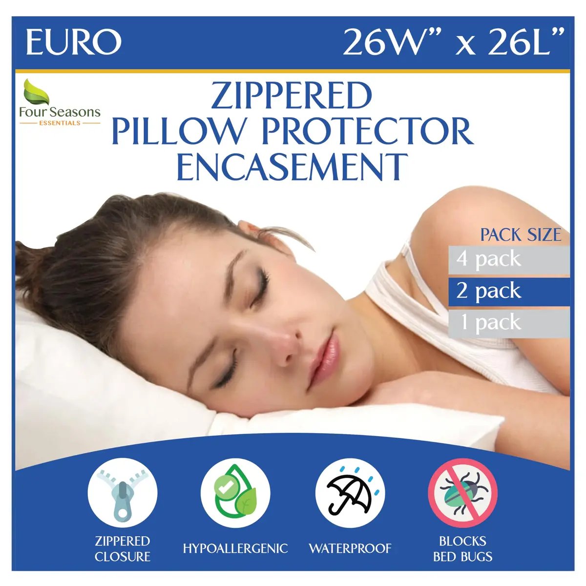 Four Seasons Essentials Euro Size Pillow Protectors (Set of 2) 66x66 cm (26x26 Inch) | Waterproof Hypoallergenic Zippered Encasement - view 7