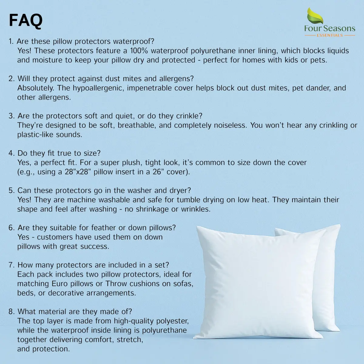 Four Seasons Essentials Euro Size Pillow Protectors (Set of 2) 66x66 cm (26x26 Inch) | Waterproof Hypoallergenic Zippered Encasement - view 8