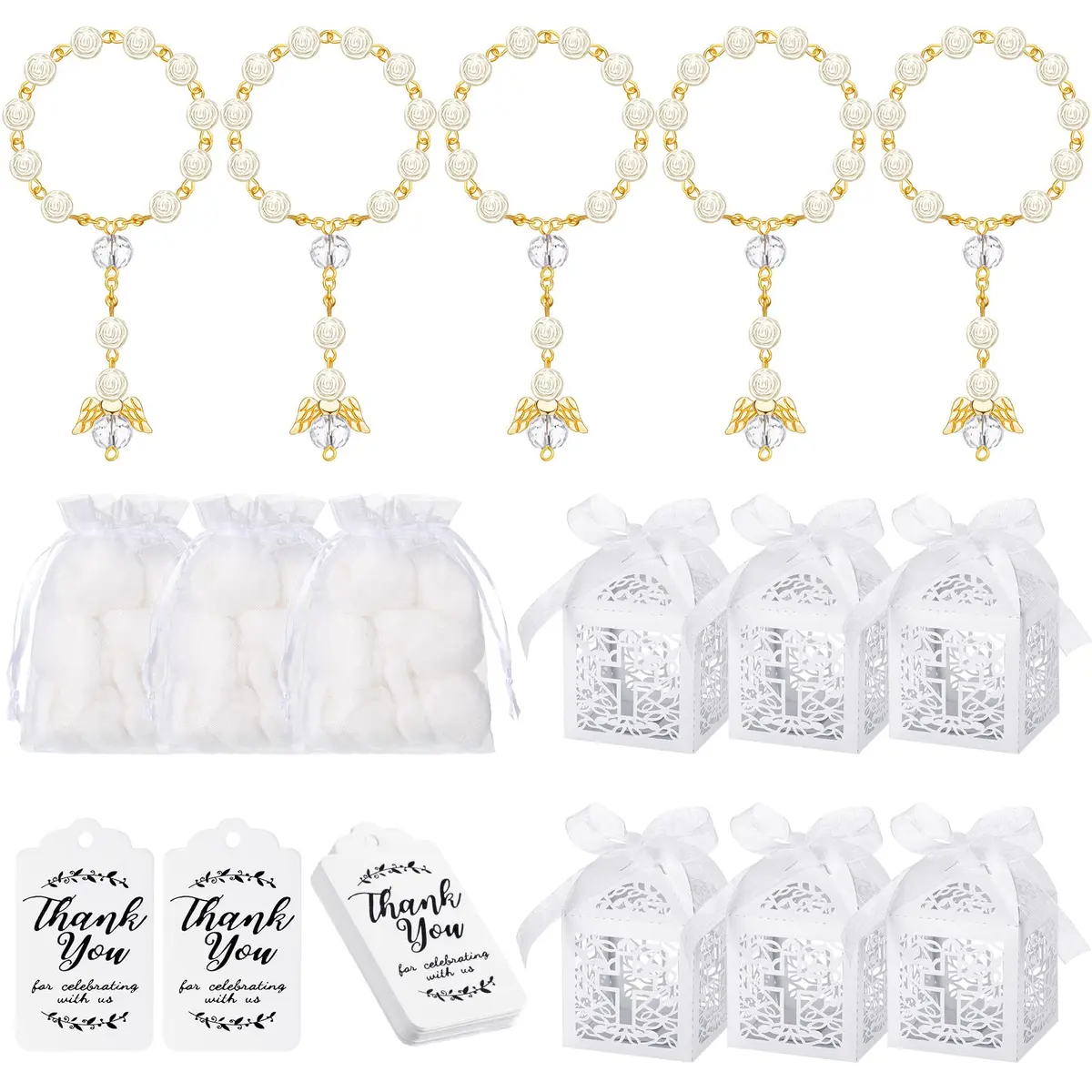MTLEE 100 Pcs Baptism Rosary Set with Gift Boxes, Organza Bags & Thank You Cards | Gold - main product image