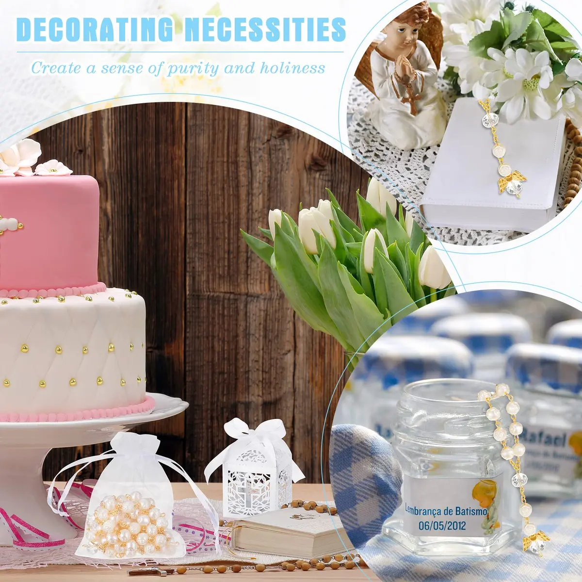 MTLEE 100 Pcs Baptism Rosary Set with Gift Boxes, Organza Bags & Thank You Cards | Gold - view 6