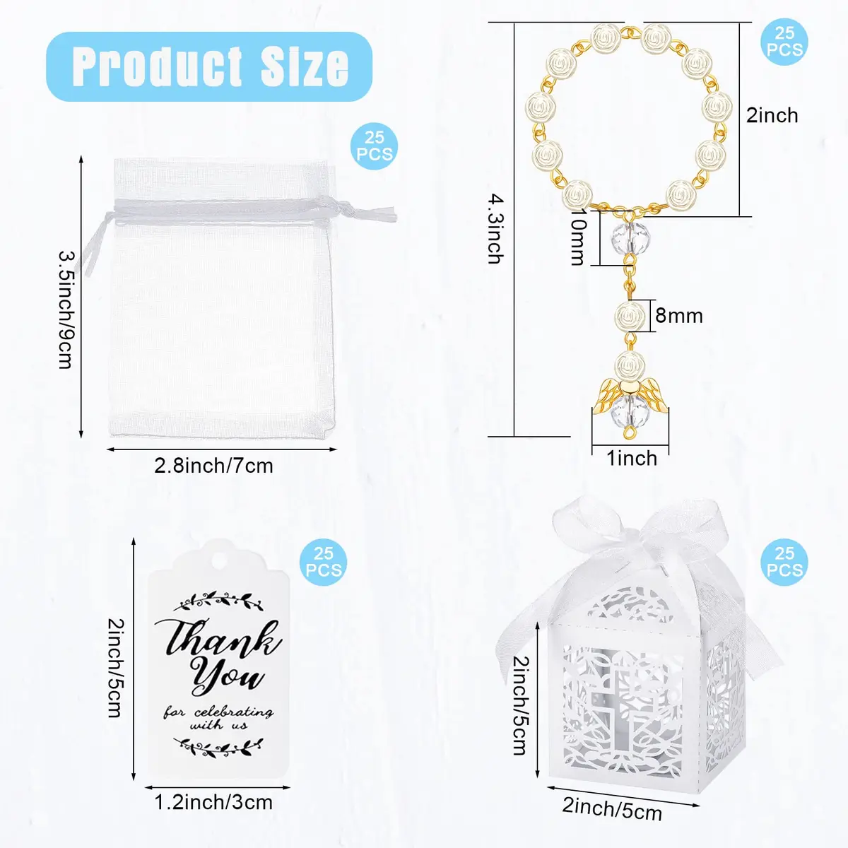 MTLEE 100 Pcs Baptism Rosary Set with Gift Boxes, Organza Bags & Thank You Cards | Gold - view 2