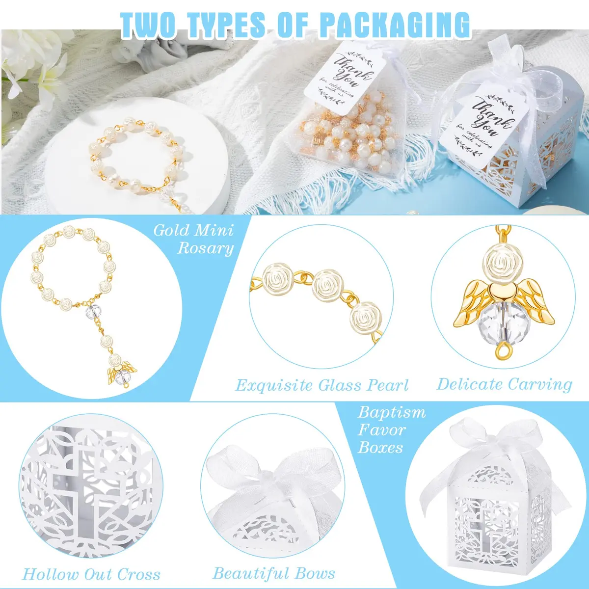 MTLEE 100 Pcs Baptism Rosary Set with Gift Boxes, Organza Bags & Thank You Cards | Gold - view 3
