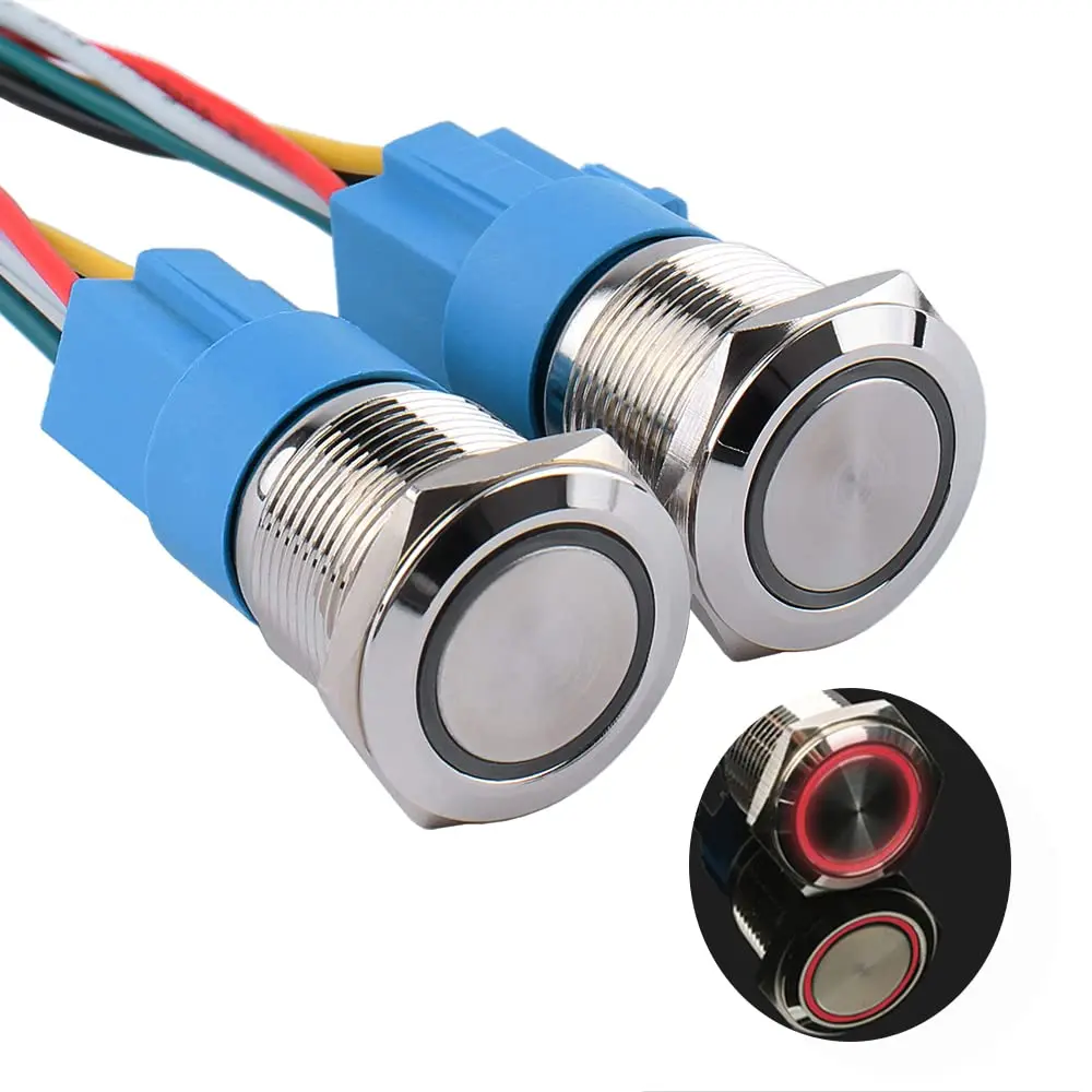 JIQI 19mm Waterproof Metal Push Button Switch 12V-24V | IP66 LED On Off (Red) - main product image