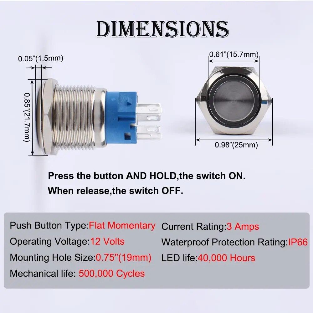JIQI 19mm Waterproof Metal Push Button Switch 12V-24V | IP66 LED On Off (Red) - view 2
