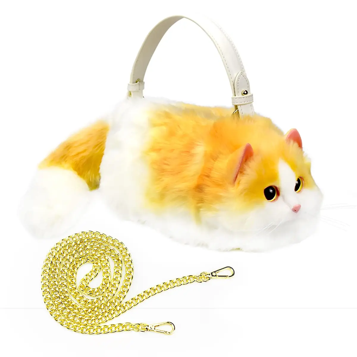 HUIJUFU Realistic Puffy Plush Yellow White Cat Crossbody Handbag for Women | Cute & Lifelike - main product image