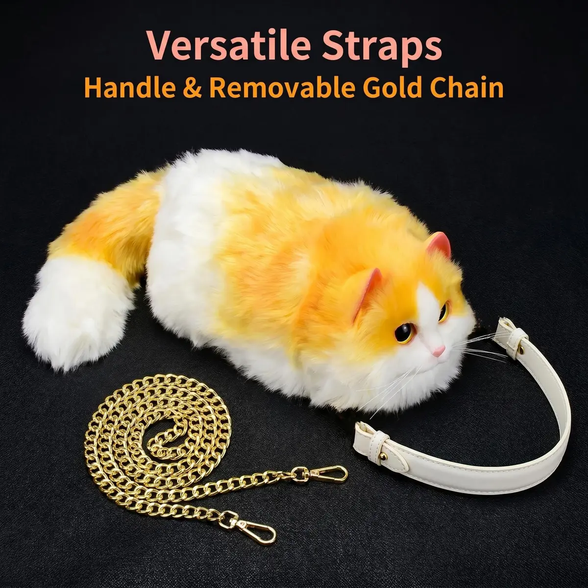 HUIJUFU Realistic Puffy Plush Yellow White Cat Crossbody Handbag for Women | Cute & Lifelike - view 5