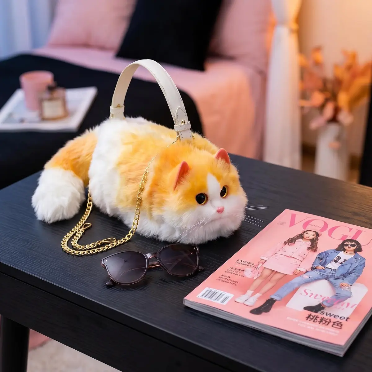 HUIJUFU Realistic Puffy Plush Yellow White Cat Crossbody Handbag for Women | Cute & Lifelike - view 6