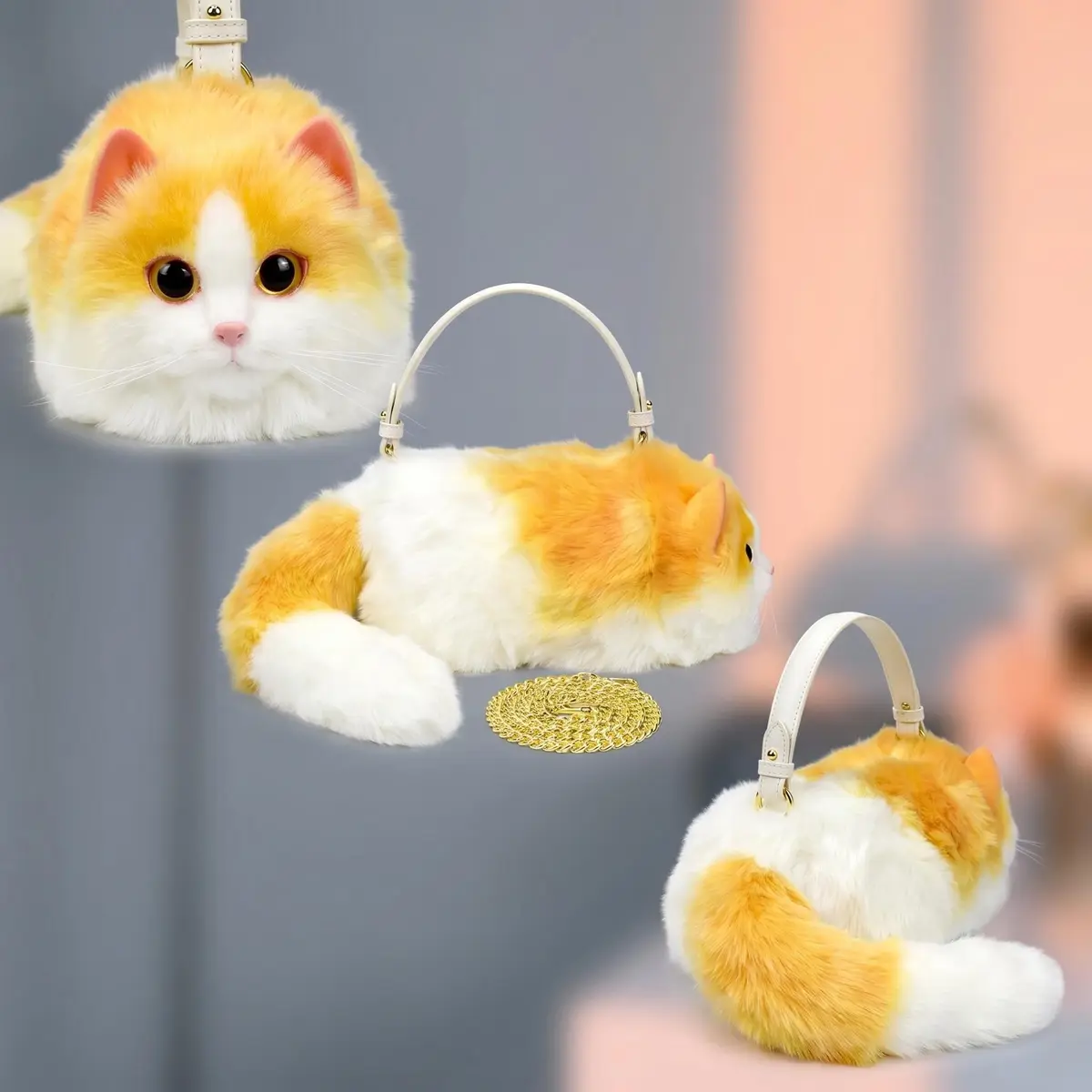 HUIJUFU Realistic Puffy Plush Yellow White Cat Crossbody Handbag for Women | Cute & Lifelike - view 7