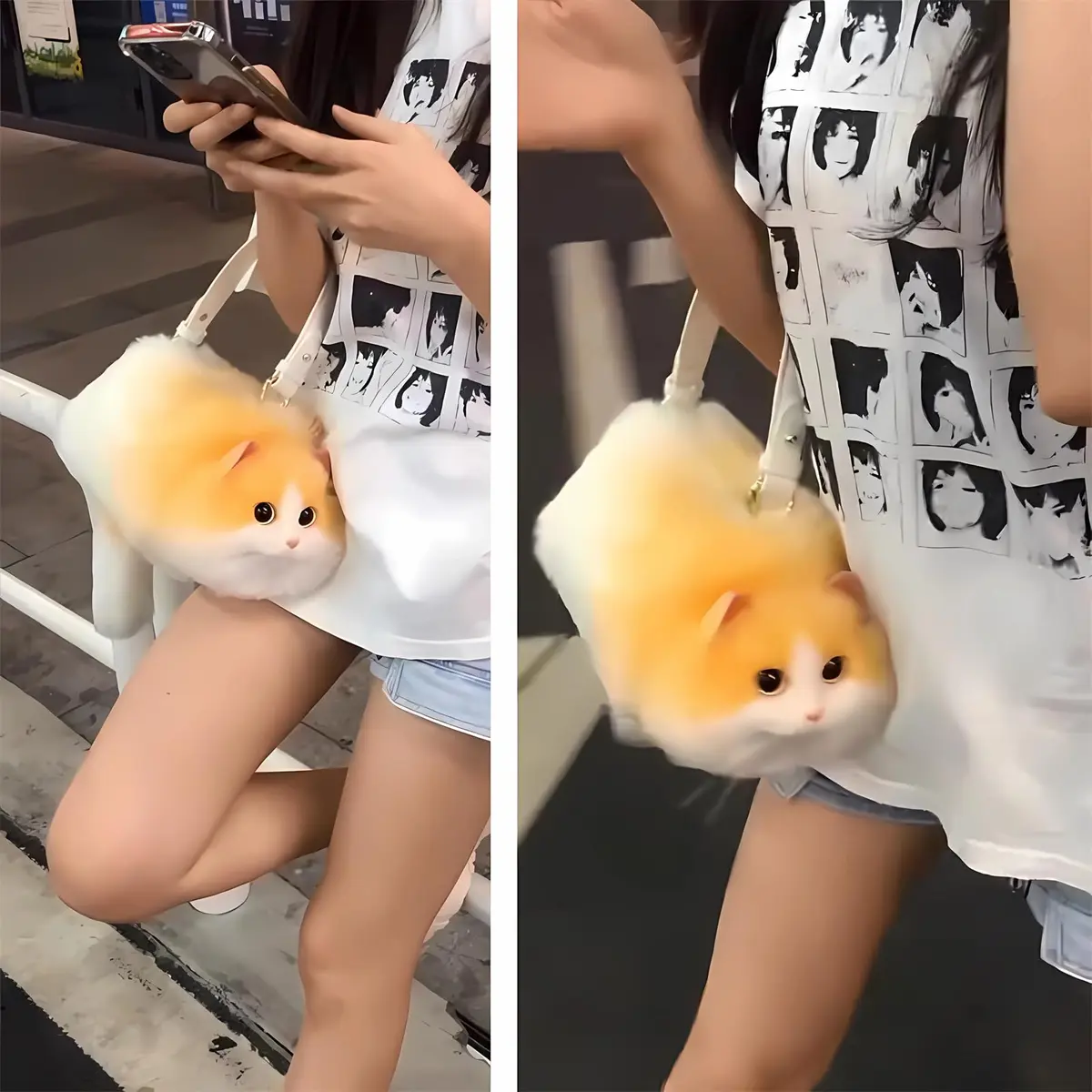 HUIJUFU Realistic Puffy Plush Yellow White Cat Crossbody Handbag for Women | Cute & Lifelike - view 8