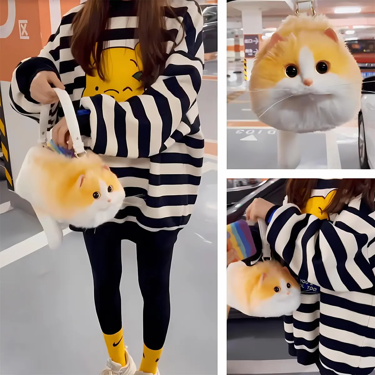 HUIJUFU Realistic Puffy Plush Yellow White Cat Crossbody Handbag for Women | Cute & Lifelike - view 9