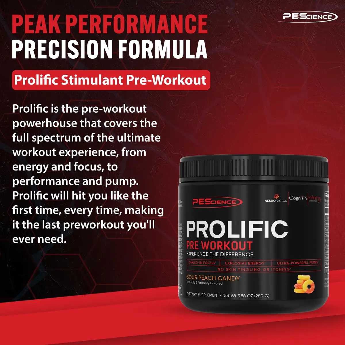 PEScience Prolific Pre-Workout Powder, Sour Peach Candy | Explosive Energy & Focus, 40 Scoops - view 2