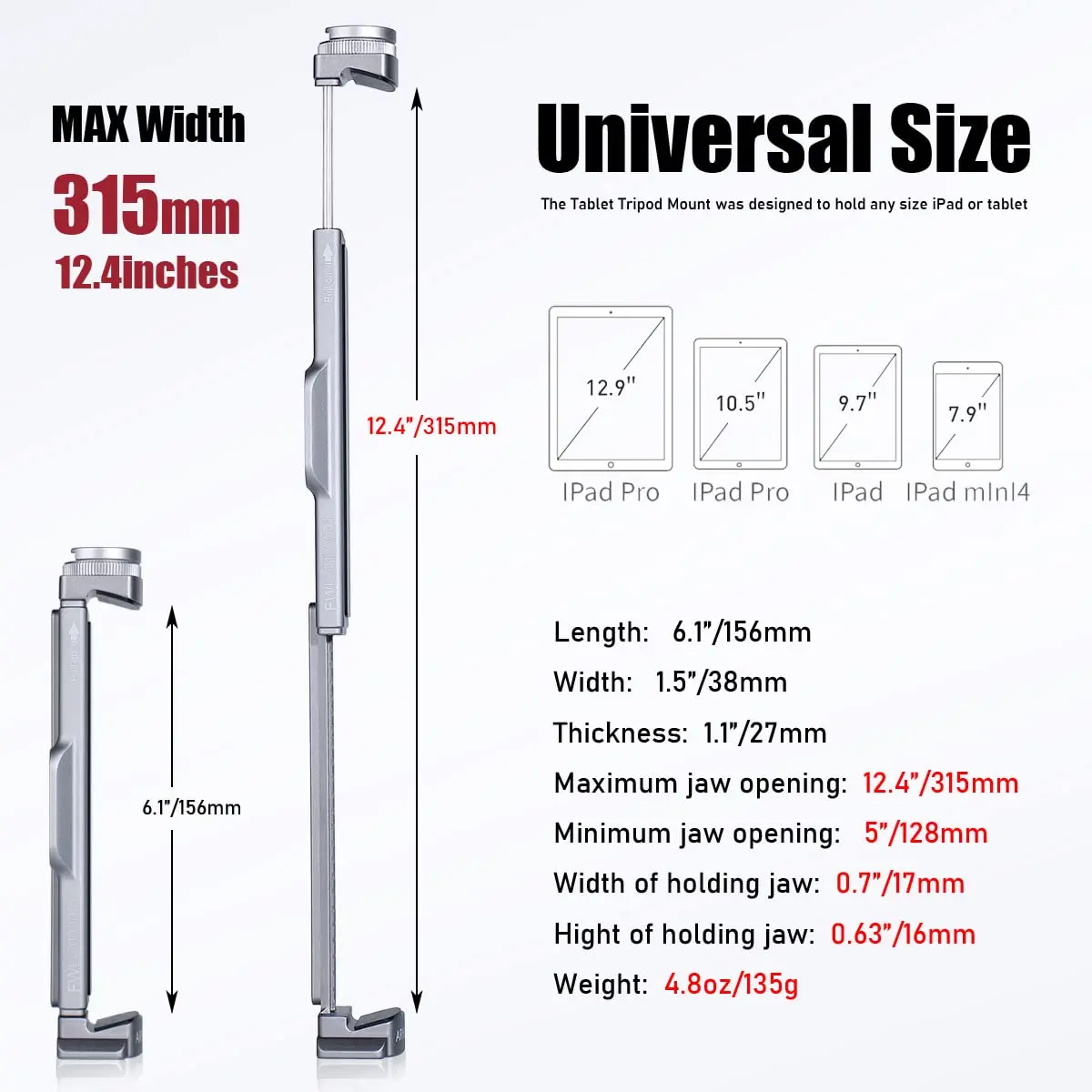 ARNARKOK Full Metal Tablet Tripod Mount 7.9-12.9 Inch | Slim Aluminum Design for Steady Filming - view 3