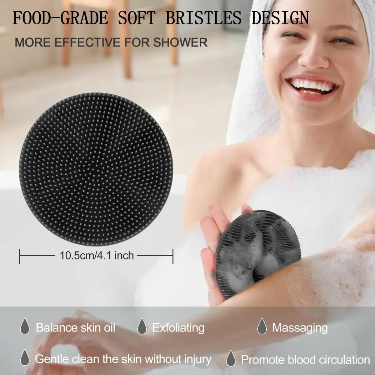 INNERNEED Food-Grade Soft Silicone Body Scrubber Shower Brush Black | Gentle Exfoliation for All Skin Types - view 7