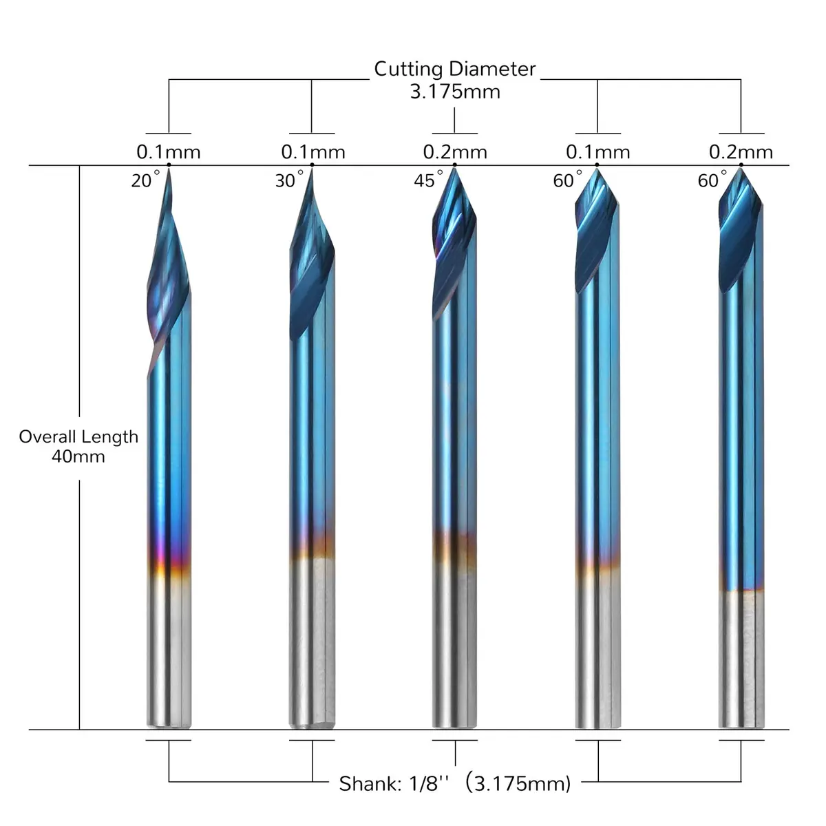 Genmitsu V-Groove CNC Router Bits, 20/30/45/60 Degree, 1/8'' Shank, Nano Blue Coating, for Wood Carving & Milling - view 2