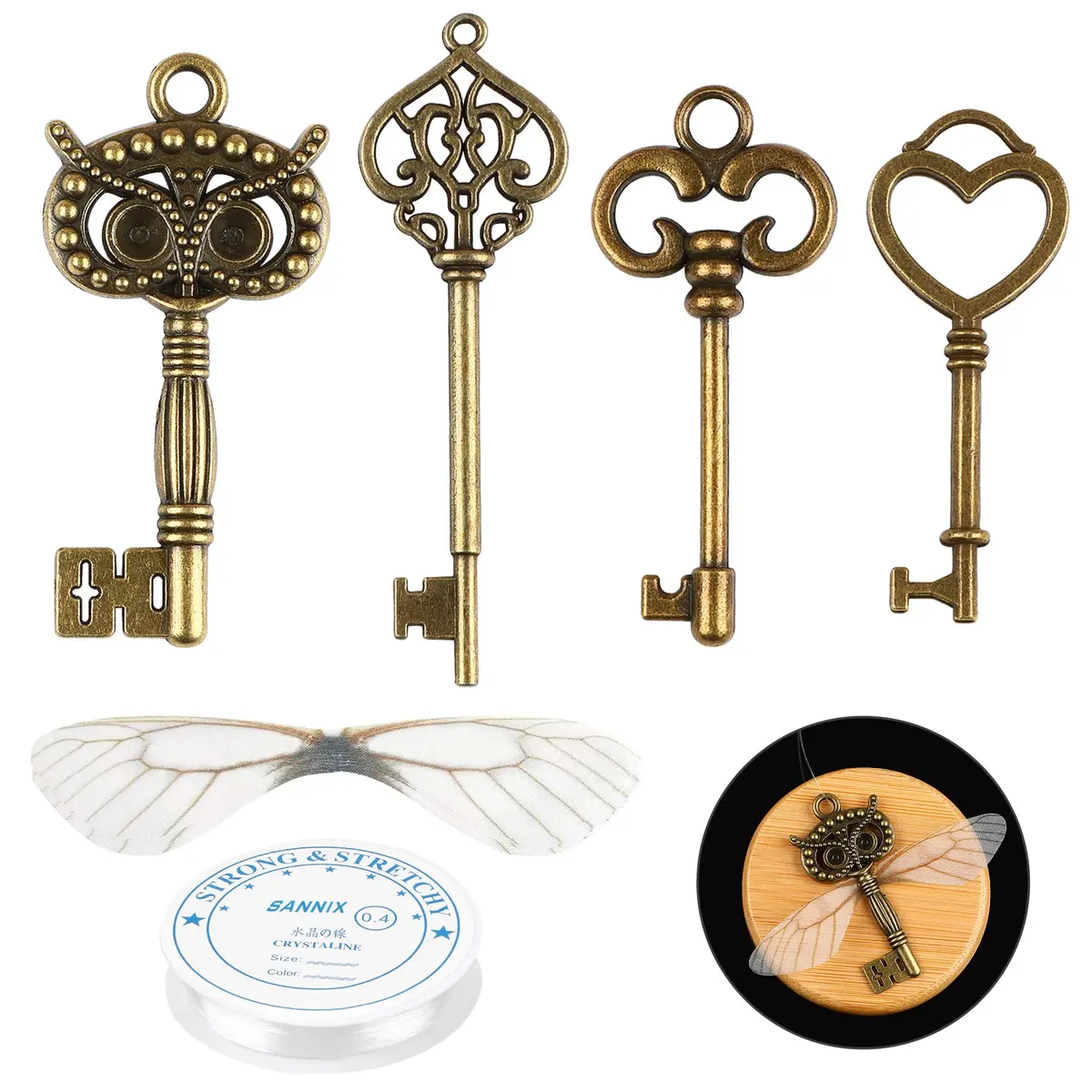 SANNIX Vintage Skeleton Keys with Dragonfly Wings & Elastic String | DIY Party Decorations (2.1-2.7 inch keys) - main product image