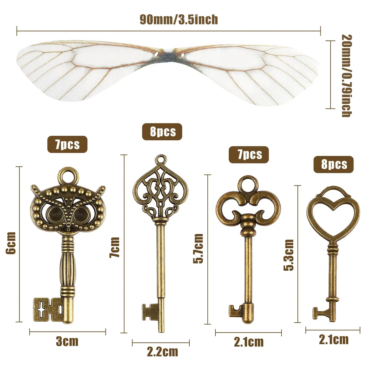 SANNIX Vintage Skeleton Keys with Dragonfly Wings & Elastic String | DIY Party Decorations (2.1-2.7 inch keys) - view 2