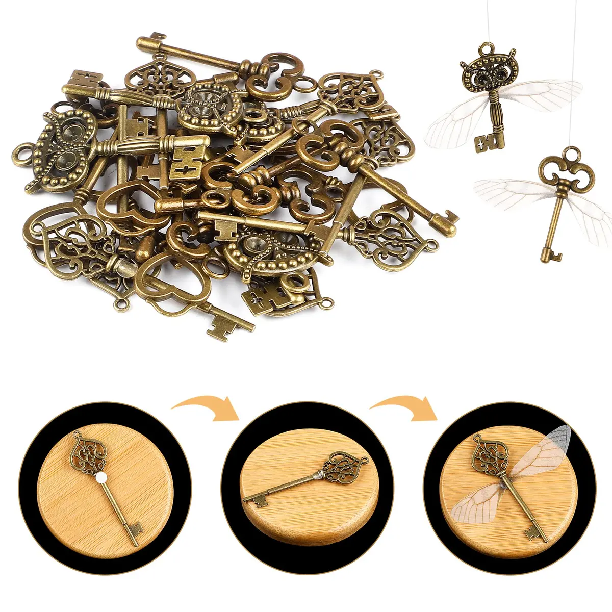 SANNIX Vintage Skeleton Keys with Dragonfly Wings & Elastic String | DIY Party Decorations (2.1-2.7 inch keys) - view 3