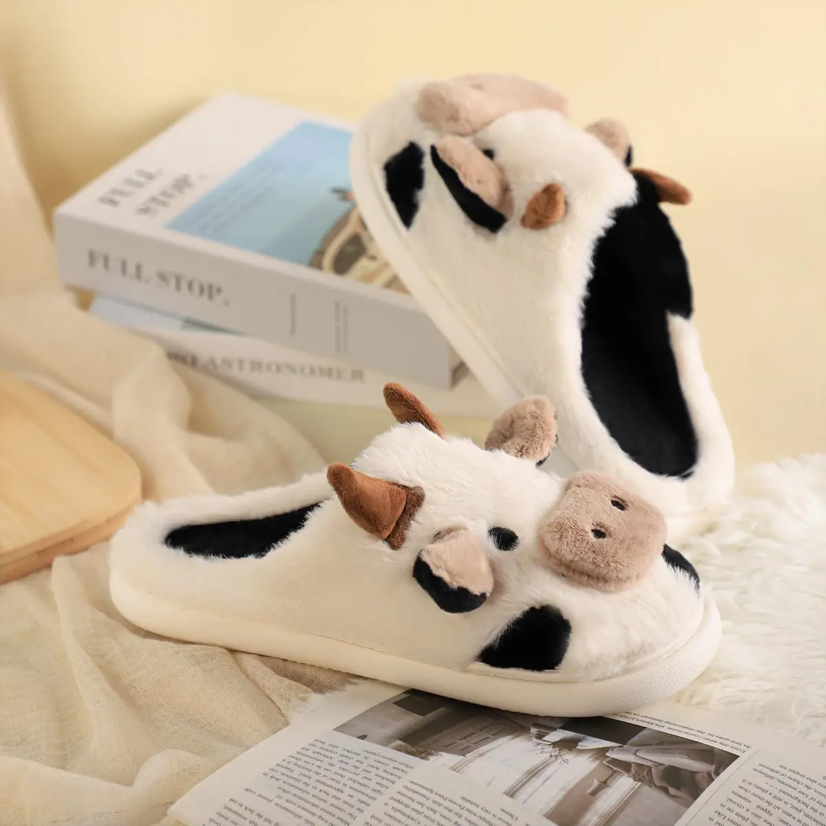 Gaolinci Cartoon Cow Cotton Slippers for Women | Warm Fuzzy Indoor Outdoor House Shoes - view 5